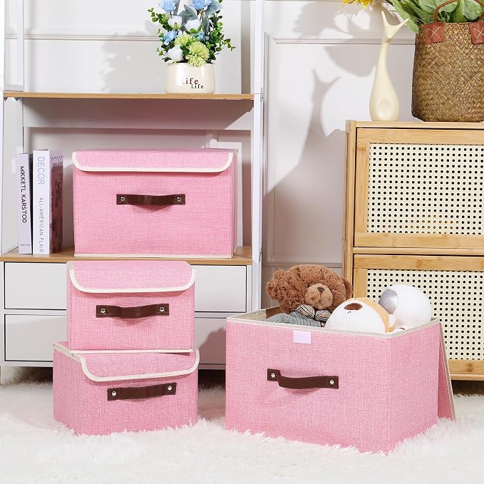 ANMINY Fabric Storage Box Bins with Lids, Pink, 10"x8"x7" | Keepsake Memory Storage, Cotton Linen, PP Board Reinforced, Washable, PU Handles, Foldable & Stackable, Decorative, Small