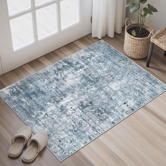 Soalmost 2x3 Abstract Washable Rugs for Entry, Kitchen Area Rug Blue/Grey | Small Non-Slip Vintage Low Pile Throw Door Mat For Bathroom Entryway Laundry, Stain Resistant Indoor Entrance Floor Carpet
