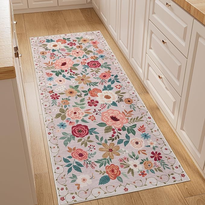 DUKINO 2x5 Runner Rug, Floral Washable Rug for Kitchen Non Slip, Beige | Low Pile, Soft, Stain Resistant Indoor Rug Runner for Entryway, Hallway, Bedroom, Bathroom, Laundry, Pet Friendly, Home Decor