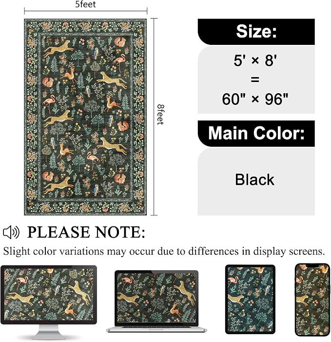 DUKINO 5x8 Area Rug for Bedroom, Soft Washable Animal Rug Non Slip, Black | Low Pile, Stain Resistant Indoor Carpet for Living Room, Dining Room, Kids Room, Office, Farmhouse, Pet Friendly, Lightweight