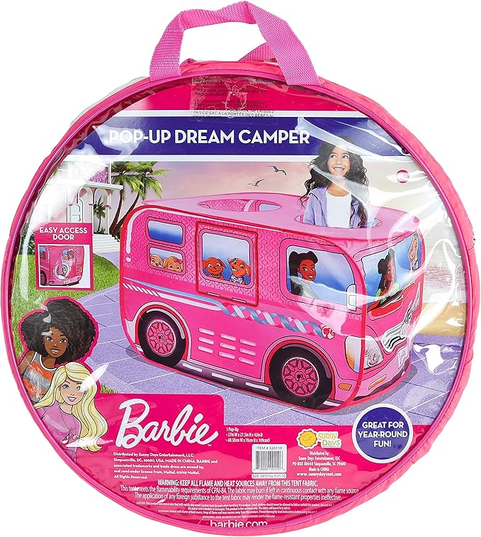 Sunny Days Entertainment Barbie Dream Camper Pop Up Play Tent Pink Indoor Playhouse for Kids Gift for Girls