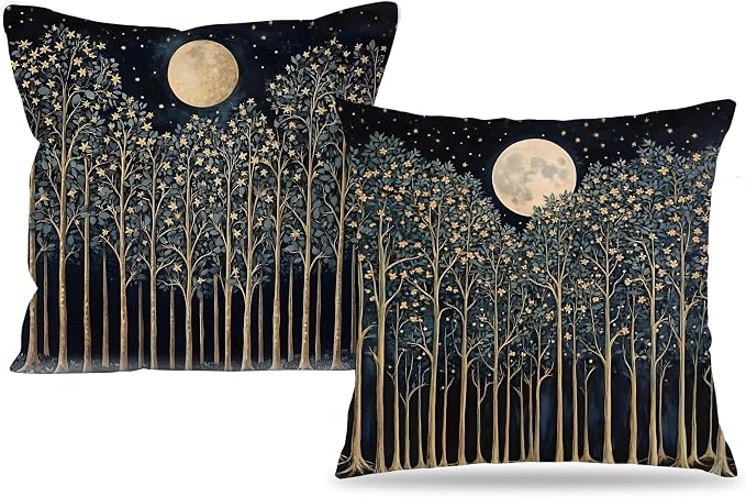 Rustic William Morris Night Moon Forest Green Decor Pillow Covers 18x18 Set of 2,Vintage Botanical Nature Landscape Decorative Throw Pillow Covers for Home Bedroom Living Room