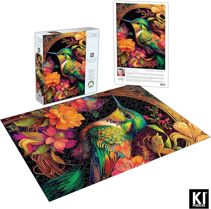 550 Piece Puzzle for Adults – Hard, Difficult, Challenging Jigsaw – RomantzArt Small and Mighty III – Whimsical Hummingbird – 24x18 Inches