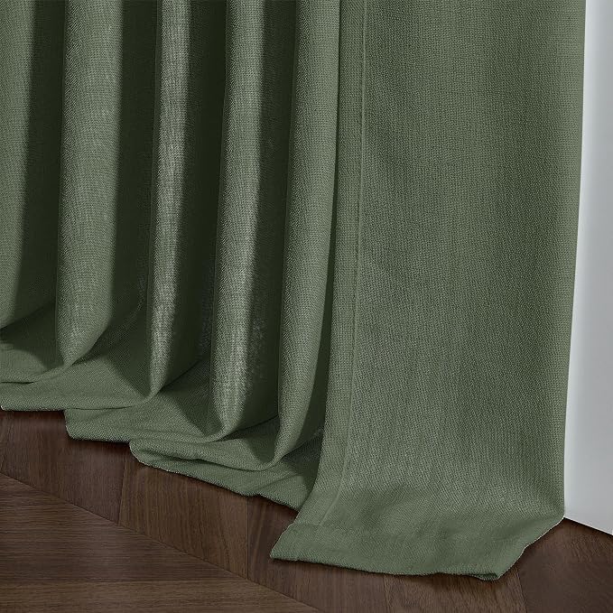 Olive Green Pinch Pleat Linen Semi Sheer Curtains 45 Inch Length 2 Panels | for Small Kitchen Windows, Rustic Country Boho, Light Filtering Privacy Semi Sheer, Pinch Pleated Back Tab Curtains, 40x45