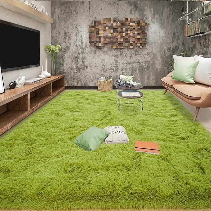 Tepook Fluffy Grass Green Rugs for Living Room Bedroom, 9x12 Soft Area Rug Moss Green Kids Girls Boys Rug, Indoor Plush Shaggy Non-Slip Carpet for Nursery Classroom Dorm Home Decor