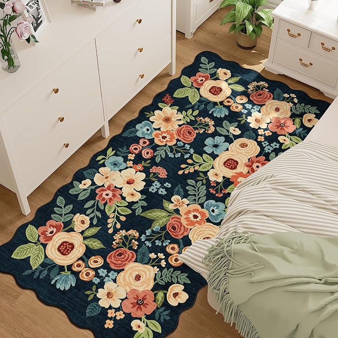 DUKINO 3x6 Hallway Runner Rug, Washable Kitchen Rug Non Slip, Navy Blue | Low Pile, Stain Resistant, Soft Floral Throw Rugs for Entryway, Bedroom, Bathroom, Laundry, Pet Friendly, Modern Home Decor