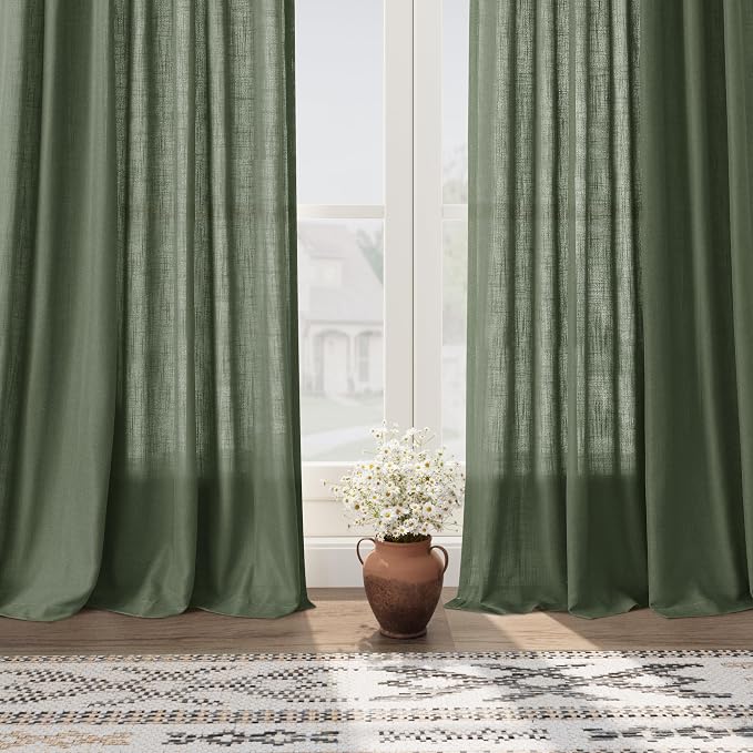 Nanspring Olive Green Linen Curtains for Living Room 2 Panels Set 92 Inch Length Back Tab Light Filtering Semi Sheer Curtain Drapes for Bedroom 52x92