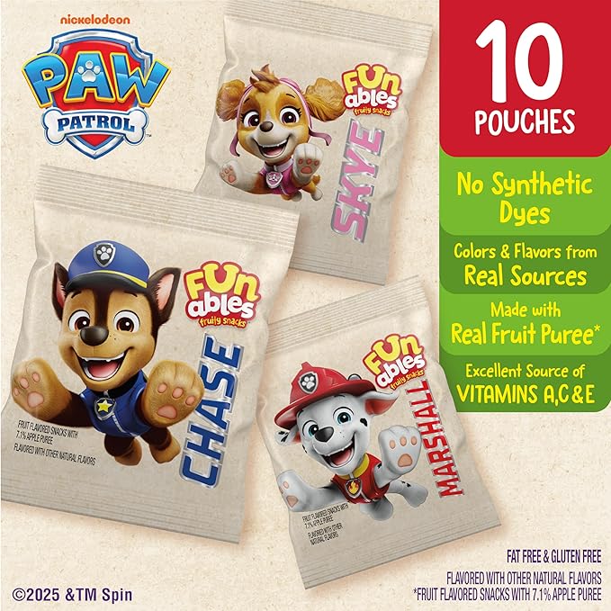 Funables Fruity Snacks, PAW Patrol, Assorted Fruit, Flavored Snacks, 0.8 oz 10 ct