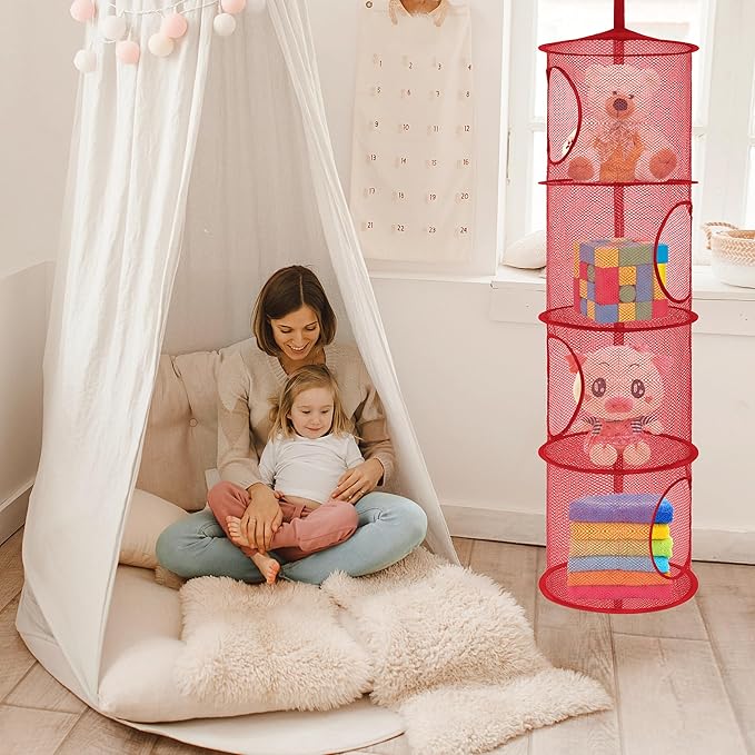 2Pcs Hanging Stuffed Animal Storage Organizer Foldable Stuffed Animal Net Hammock Organizer, 4 Compartments Mesh Hanging Toy Storage Hammock for Kid Room Toys, Gloves, Hats, Socks(Red)