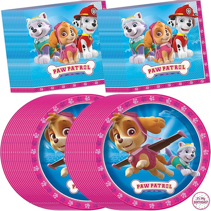 Pink Paw Patrol Plates and Napkins for 32 | Pink Skye Paw Patrol Birthday Decorations for Party | Officially Licensed