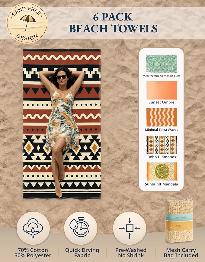 LANE LINEN Beach Towels 6 Pack, Bulk Beach Towels Oversized, Pool Towels for Adults, Pre-Washed, Sand Free Beach Towel, Fast Drying Beach Towel, 39"x71" - Modern Boho