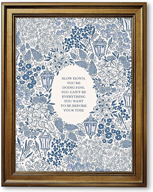 Slow Down You're Doing Fine Music Poster Motivational Song Lyric Blue Wall Art Vintage Positive Quote Daily Reminder Floral Canvas Print for Office Bedroom Home Decor 16x24inch Gold Framed