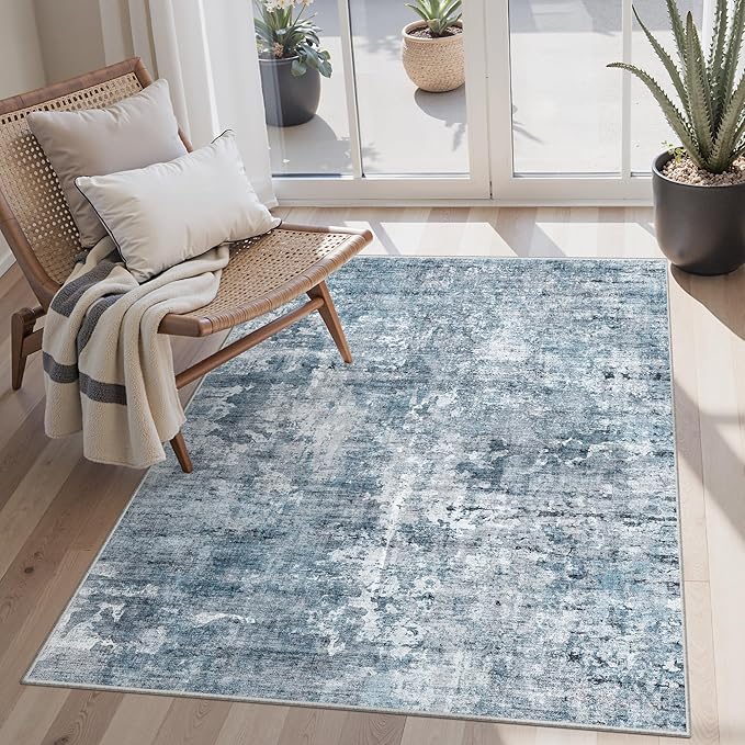 Soalmost Abstract 4x6 Area Rug Washable Rugs for Living Room, Blue/Grey | Vintage Non-Slip Carpet for Dining Bedroom, Thin Low Pile Stain Resistant Floor Mat Nursery Under Table Home Office Decor