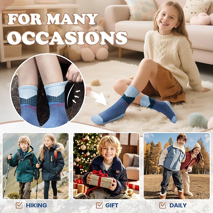 WEVIAS Kids Merino Wool Hiking Socks Boys Thermal Winter Cozy Boot Warm Cushion Socks 6 Pairs