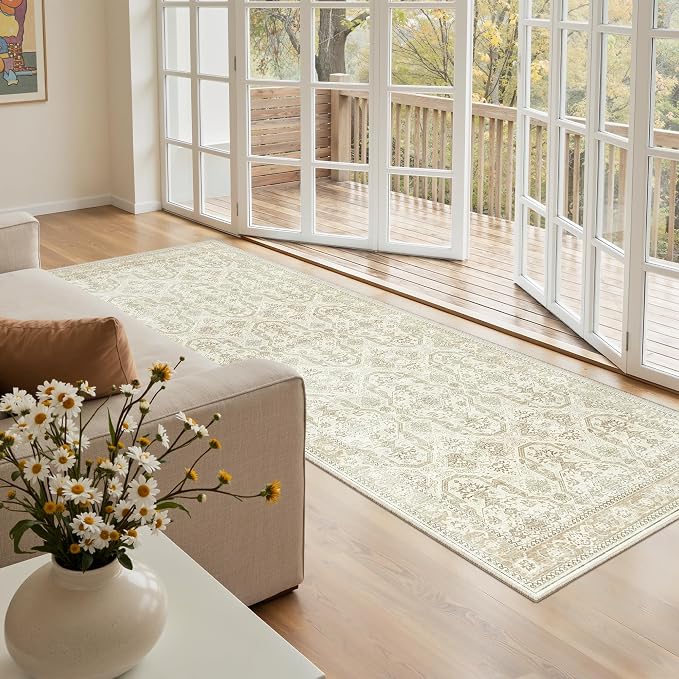 Soalmost Runner Rug 2x5 Washable Non-Slip Kitchen Entry Runners Beige/Brown | Soft Low-Pile Rugs for Bathroom Laundry Room, Vintage Foldable Floor Carpet Mat Hallway Entryway for Corridor Bedroom