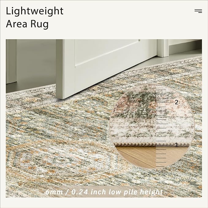 Soalmost Washable Area Rug 8x10 Large Soft Living Room Rugs Green/Orange | Vintage Non-Slip Carpet for Dining Bedroom, Stain Resistant Low Pile Foldable Lightweight Floor Mat Under Table Home Decor
