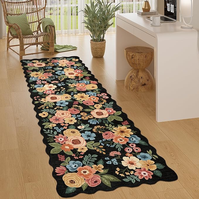 DUKINO 2x6 Runner Rug, Floral Washable Rug for Kitchen Non Slip, Black | Soft, Low Pile, Non-Shedding Long Runner Rugs for Kitchen, Entryway, Bedroom, Bathroom, Pet Friendly, Home Decor, Ultra-Thin