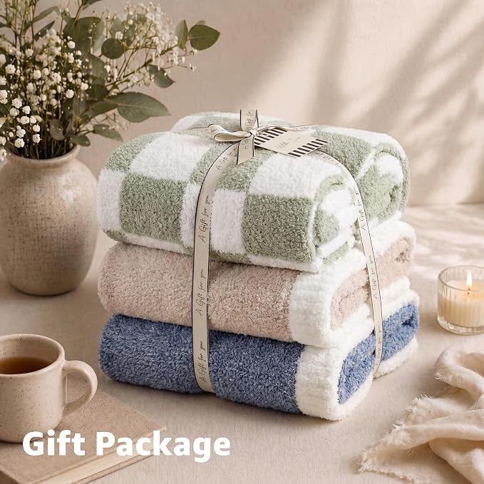 Soft Twin Size Checkered Blanket for Bed-Cozy Knitted Blankets | Lightweight Fluffy Warm Decor for Women, Mom, Her & Girls, Sofa, Chair, Couch, 60x80in, Sage Green