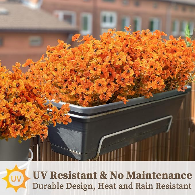 ColoPlay 18 Bundles Artificial Mums for Outdoors, Fake Flowers Fall Decor | Faux Mums for Outdoor Planters, Eucalyptus Leaves UV Resistant Fake Plants for Home Porch Box Wedding Farmhouse(Fall Orange)