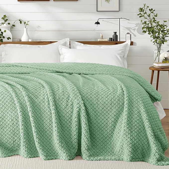 Exclusivo Mezcla Soft Fleece Queen Size Blanket for Bed, Sage Green | Jacquard Lightweight Cozy Bed Blanket, Breathable Decorative Fuzzy Textured All Season Use, 90x90 Inches