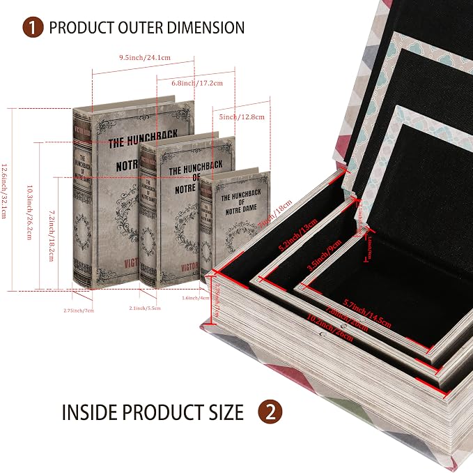 Vintage Faux Leather Decorative Book Box Set of 3 – Wooden Secret Storage Box with Magnetic Closure, Hidden Organizer for Bookshelf, Desk, or Office Decor (The Hunchback of Notre Dame)