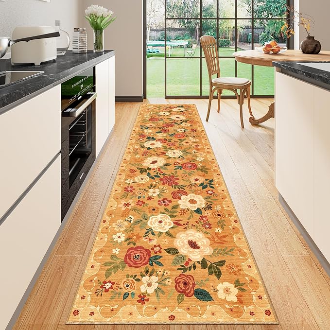 DUKINO 2x8 Runner Rug, Washable Runner Rug for Kitchen Non Slip, Orange | Floral, Low Pile, Soft Indoor Rug for Hallway, Entryway, Bedroom, Bathroom, Pet Friendly, Stain Resistant, Modern Home Decor