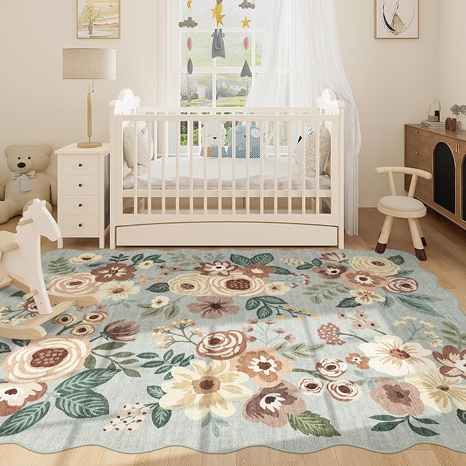 DUKINO 5x7 Area Rugs for Bedroom, Floral Washable Rug Non Slip, Sage Green | Low Pile, Soft, Stain Resistant Throw Rugs for Living Room, Dining Room, Office, Nursery, Pet Friendly, Modern Home Decor