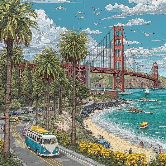 1000 Piece Jigsaw Puzzle for Adults, Cityscape Jigsaw Puzzle, Vibrant California Coastline with Golden Gate Bridge, Palm Trees & Tour Bus, Challenging Art Puzzle, 22.5 x 22.5 in
