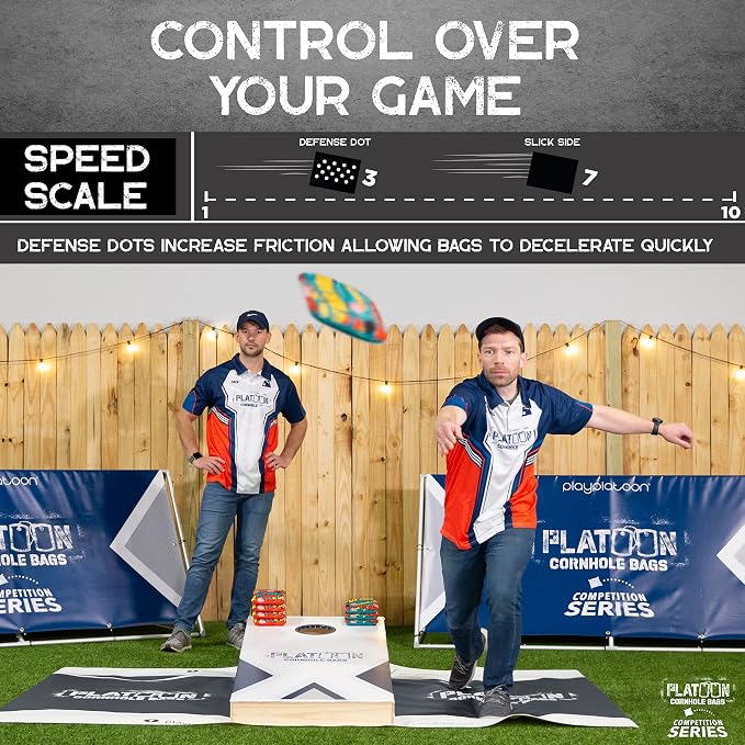 Play Platoon Competition Series Cornhole Bags Set of 8 Regulation Professional Weight Double Sided Slick and Stick with Rubber Sticky Dot Slow Side for Pro Corn Hole Bean Bag Toss Game-Designed in USA