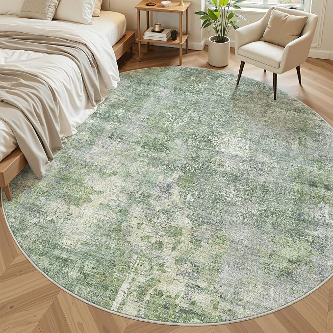 Soalmost Round Rugs 9ft Living Room Circle Area Rug 9x9 Green/Ivory Vintage | Washable Non Slip Abstract Carpet for Apartment, Dining Bedroom, Soft Low Pile Stain Resistant Foldable Floor Mat Entryway