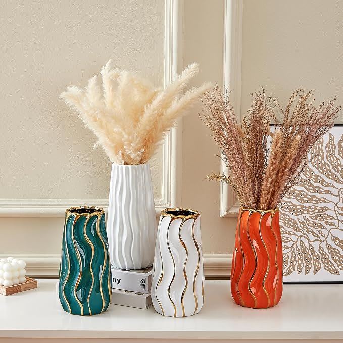 Ceramic Vase, Green Vase for Home Decor,Decorative Flower Vase, Vertical Stripe Ceramic Vases for Home Décor, Bedroom, Office, Living Room, Bathroom, Tabletop Decor, Centerpiece (Green)