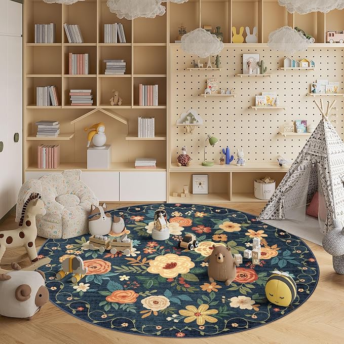 DUKINO 6ft Round Rug, Washable Circle Rug for Bedroom Non Slip, Navy Blue | Low Pile, Stain Resistant Indoor Rug for Living Room, Dining Room, Kids Room, Office, Pet Friendly, Home Decor, Non-Shedding