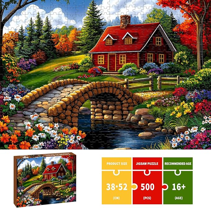 Puzzles for Adults 500 Pieces, Nature Landscape Jigsaw Puzzles - Cottage in Bloom, Impossible Nature Landscape Puzzle for Seniors Families, 20.47x14.96 Inches, 1:1 Poster, Letter On The Back