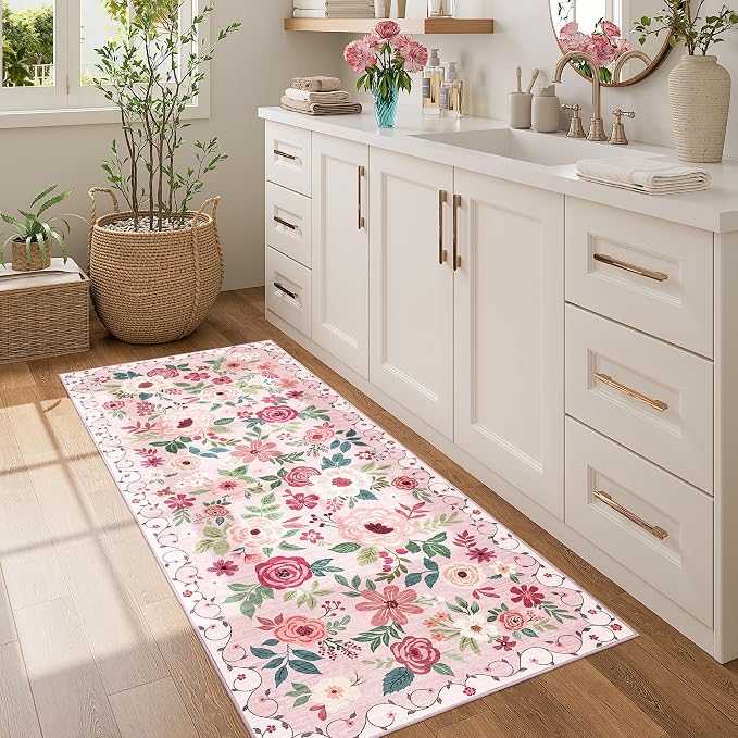 DUKINO 2x5 Runner Rug, Floral Washable Rug for Kitchen Non Slip, Pink | Low Pile, Soft, Stain Resistant Indoor Rug Runner for Entryway, Hallway, Bedroom, Bathroom, Laundry, Pet Friendly, Home Decor