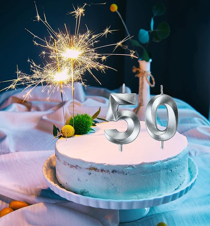 Silver 50th Birthday Candles, Number 50 Cake Topper for Men Birthday Decorations Party Decoration