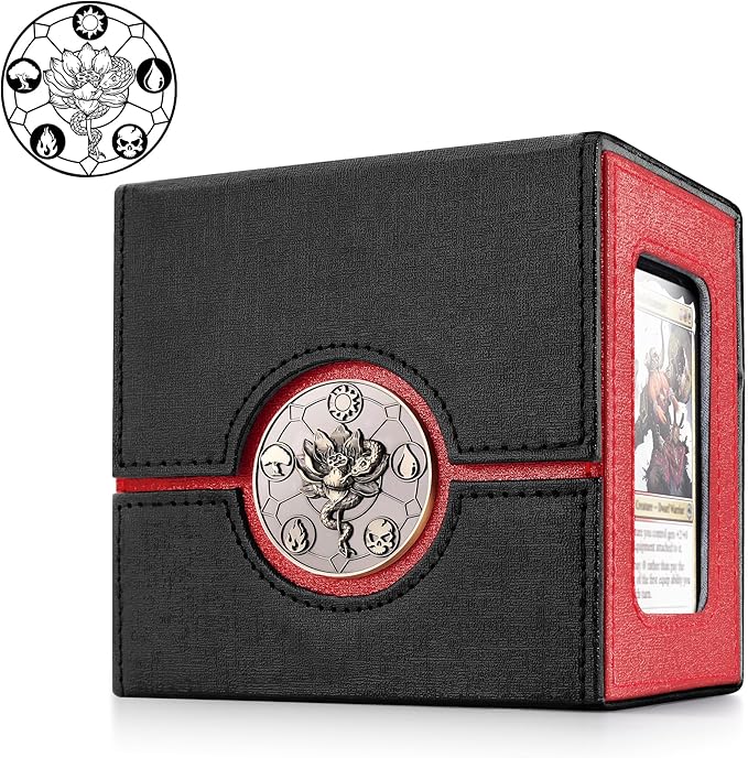 Kabinka Commander Deck Box for MTG with Dice Tray, Holds 100 Double-Sleeved Cards,Card Deck Box with Metal Emblem for TCG/PTCG, Cards Storage Case with 35PT Magnetic Card Holder (Black& Red, Lotus)