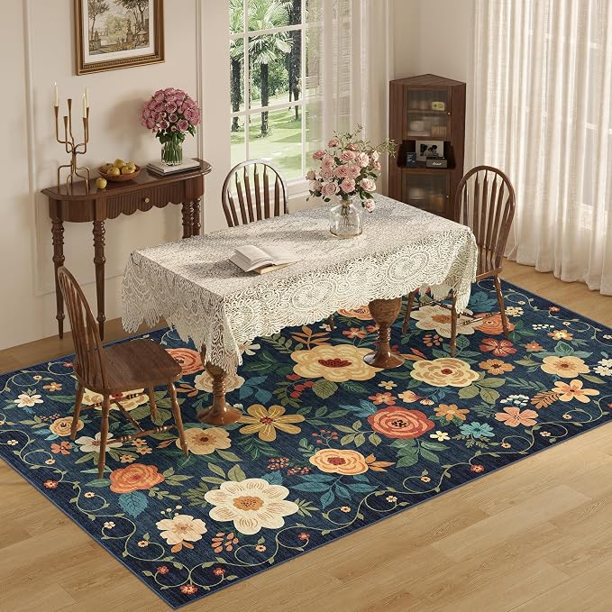 DUKINO 5x8 Area Rug for Bedroom, Floral Washable Rug Non Slip, Navy Blue | Low Pile, Non-Shedding, Soft Indoor Rug for Living Room, Dining Room, Kids Room, Office, Nursery, Pet Friendly, Home Decor