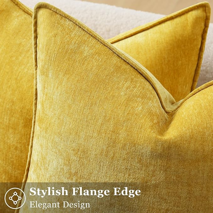decorUhome Chenille Mineral Yellow Throw Pillow Covers 24x24 Set of 2 | Fall Soft Euro Sham Couch Decorative Modern Velvet Pillow Cases with Elegant Design for Sofa Bed Living Room Home Decor