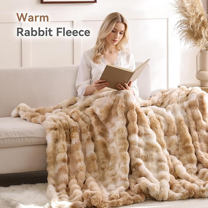 Faux Fur Throw for Couch - Tie-dye Camel Bubble Blanket 60"x80" | Fluffy Plush Fuzzy Throw for Sofa & Bed, Super Soft Cozy Comfrt Blanket, Luxury Aesthetic Camel Decor Gift for Women