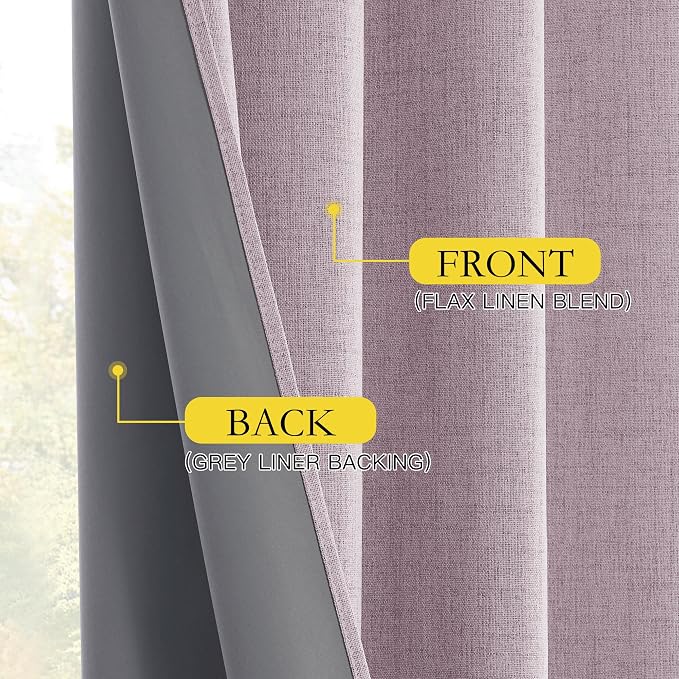 NICETOWN 100% Blackout Curtains for Living Room, 52" Wide Per Panel, Set of 2, Muted Lavender Linen Blend Thermal Insulated Curtains 90" Long, Noise Reducing Window Treatment Drapes for Hall Room