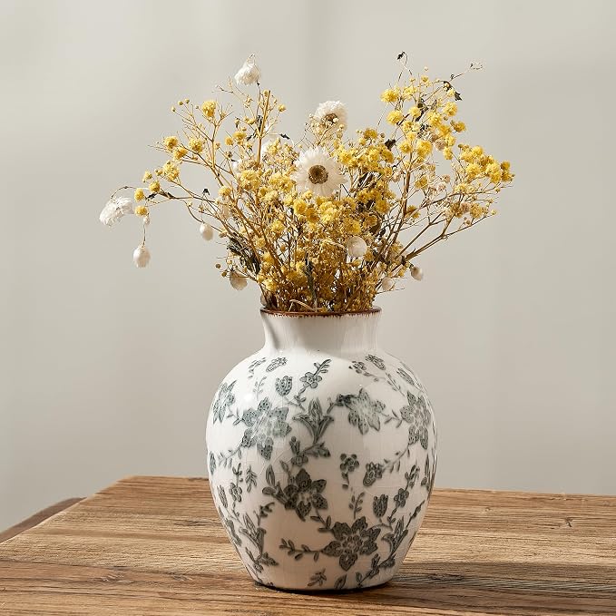 SIDUCAL Ceramic Vintage Vase, 5.83 Inch Retro Ice Cracked Chinoiserie Floral Vase, Rustic Farmhouse Vases for Home Decor, Bookshelf, Garden, Chinoiserie Decor, Tuscan Decor, Gray Floral Pattern