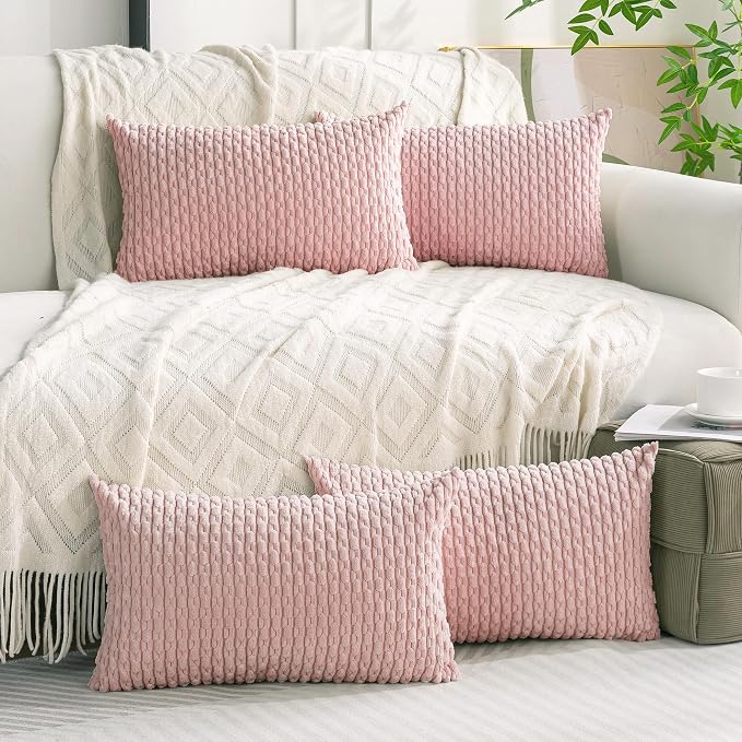 Set of 4 Light Pink Decorative Throw Pillow Covers 12x20 Inch Corduroy Pillow Covers for Bed Couch Sofa Living Room Soft Cushion Cases