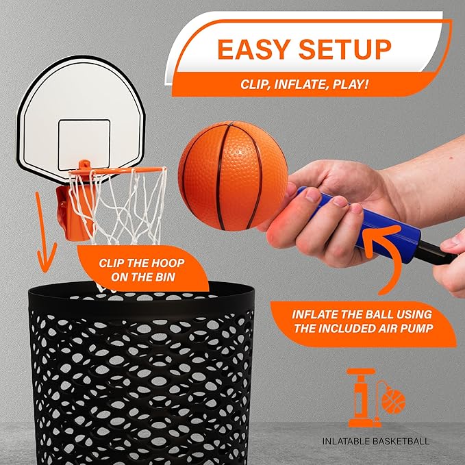 Mini Basketball Trash Can Hoop Set – Clip-On Hoop with Backboard, Inflatable Ball & Pump – Indoor Office Desk or Dorm Game for Kids & Adults, Fun Gift Idea for Home or Work