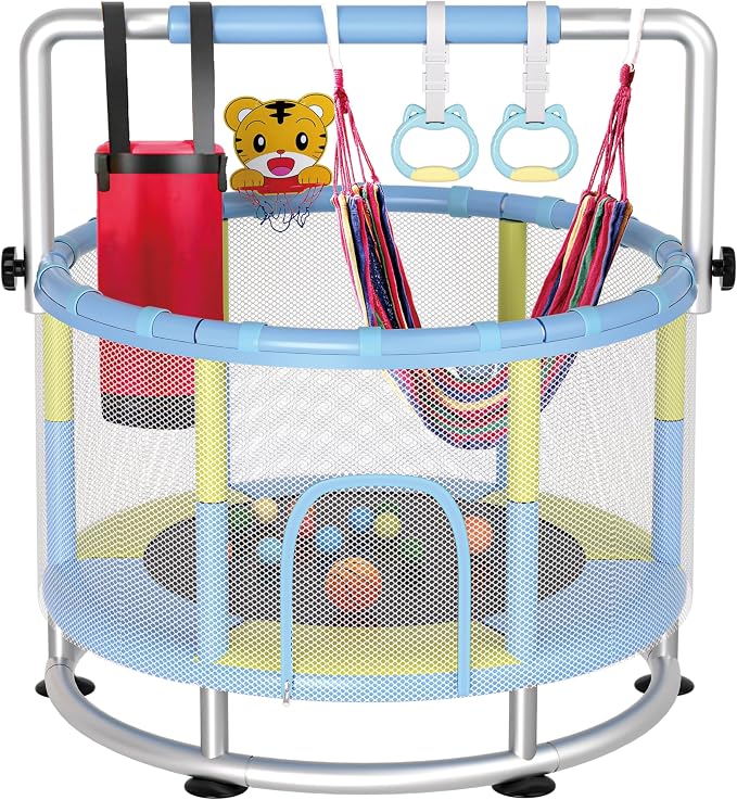 55" Kids Indoor Trampoline with Safety Net, Adjustable Gymnastics Bar & Toys – Indoor/Outdoor Toddler Play Gym for Boys & Girls Ages 3+, Birthday Gifts