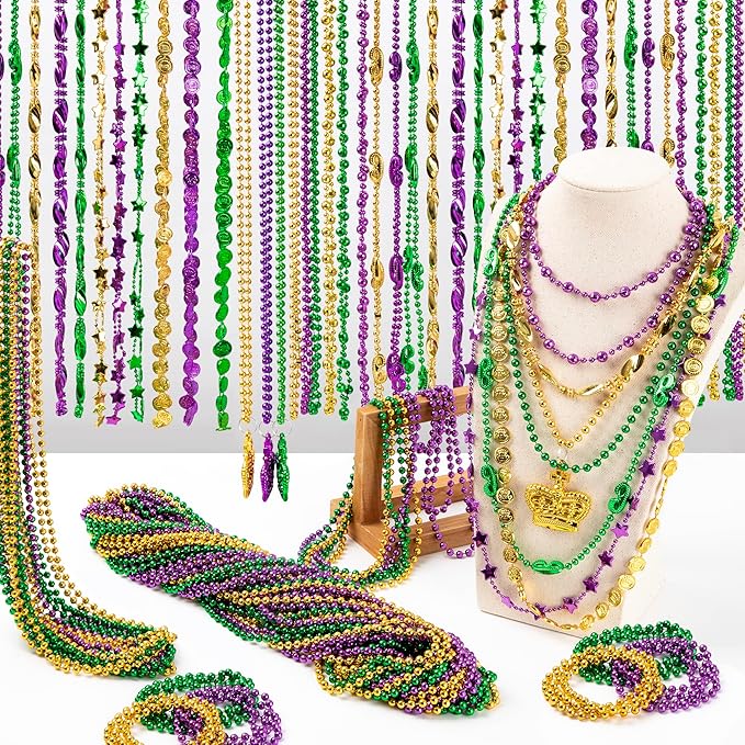 300PCS Mardi Gras Beads Costume, Green Purple Gold Metallic Beads Necklaces Accessories Bulks, Necklace Costumes Women Men for Parade Throws Party Decor Favor Supplies