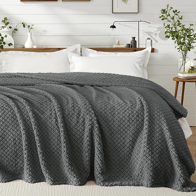 Exclusivo Mezcla Soft Fleece Twin Size Blanket for Bed, Dark Grey | Jacquard Lightweight Cozy Bed Blanket, Breathable Decorative Fuzzy Textured All Season Use, 60x80 Inches