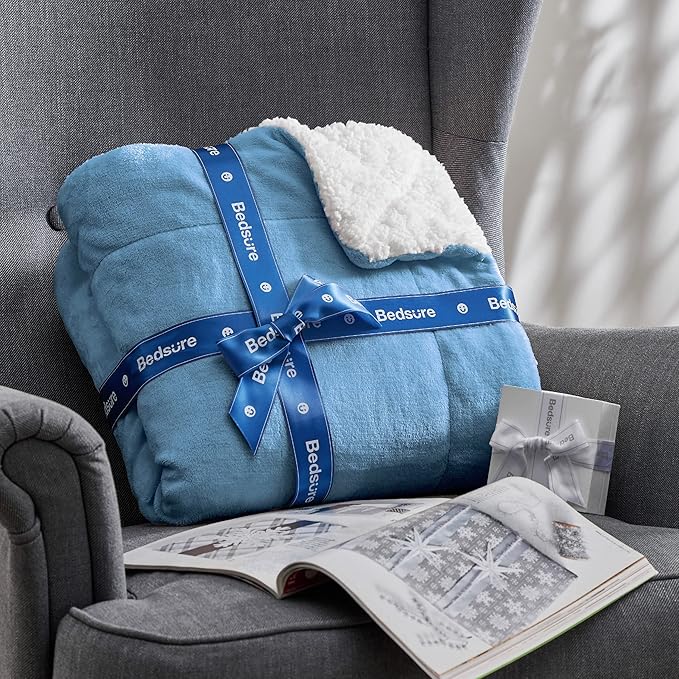 Bedsure GentleSoft Sherpa Fleece Twin Size Blanket for Couch, Non-Heated, Thick and Warm Throw for Women and Men, Soft Fuzzy Plush Twin Blanket for Winter, Washed Blue, 60x80 Inches