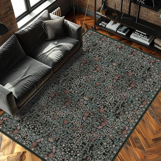 5x7 Washable Area Rugs for Living Room, Stain Resistant Vintage Rugs for Dining Room Under Kitchen Table, Bedroom, Floral Low Pile Non-Slip Large Carpet (5 x 7 Dark Green)