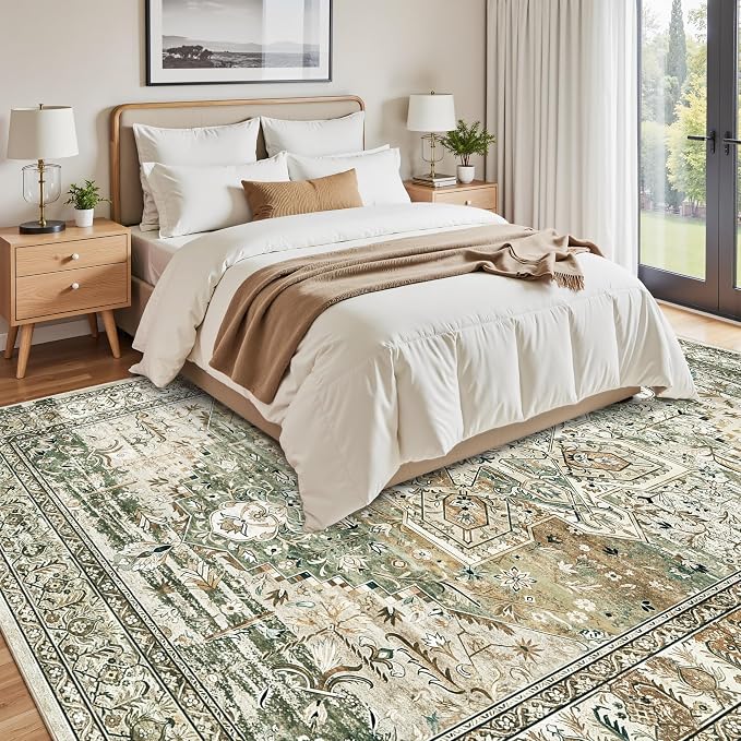 Soalmost 9x12 Area Rugs for Living Room Washable Rug Non-Slip Olive Beige | Large Vintage Stain Resistant Carpet for Dining Bedroom, Low Pile Lightweight Foldable Floor Mat Nursery Home Office Decor