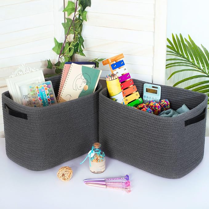 3-Pack Decorative Woven Storage Baskets for Shelves, Cube Bin Box for Organizing Books, Shoes, Dog Toys, Pantry Closet and Living Room Organizer, Charcoal / Black